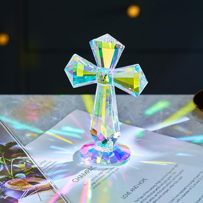 Crystal Glass Standing Cross Decor, Easter Christmas Decoration for Pary dad man，Religious Gifts for Women Men Father Mother, Handmade Glass Holy Collectible Figurines (Multicolor Crystal Cross)
