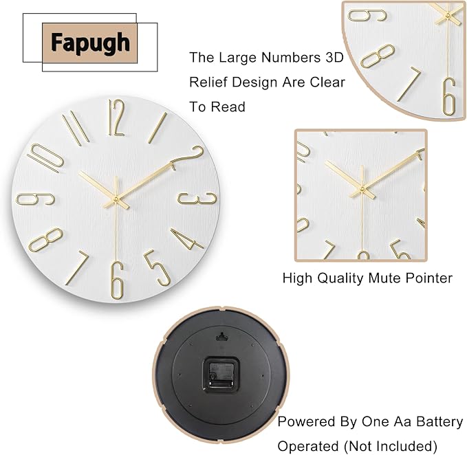 Wall Clock, Silent Clock, Wall Clocks Battery Operated， 12 inch Modern Wall Clock, Suitable for Offices, Living Rooms, Kitchens, Homes, Schools (White)