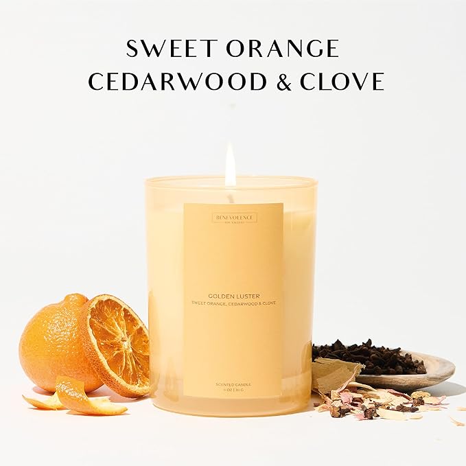 Orange, Cedarwood & Clove Scented Candle | Benevolence LA Sun-Kissed Collection | 11oz, 60 Hour Burn | Natural Soy Wax, Cotton Wick | Fall Scented Candles for Home, Bedroom, Bathroom – Golden Luster