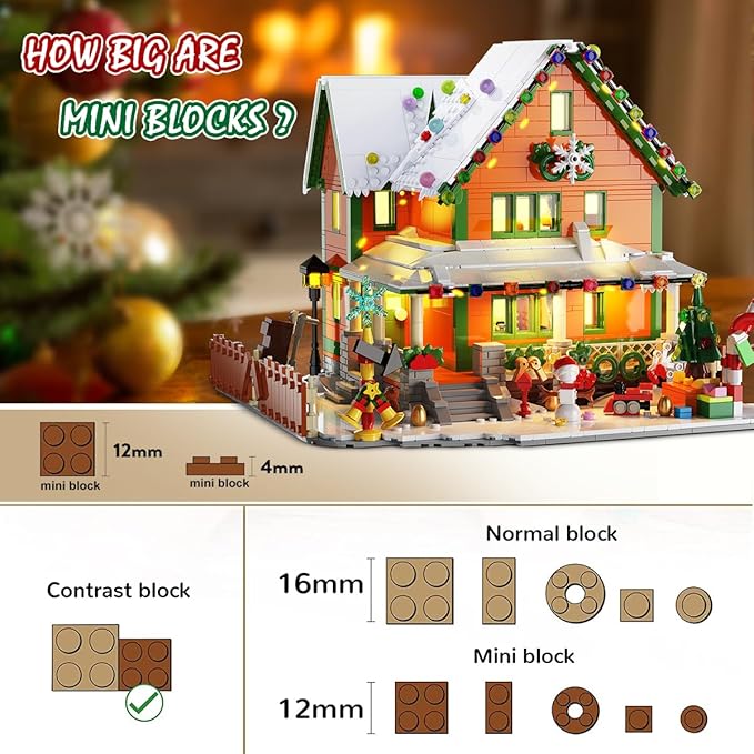 Christmas House Mini Building Set with Light, PLAXSOON 1961 PCS Holiday Snow Village Architecture Model Building Block with Santa Claus Sleigh, Xmas Display Toy Set for Adults Kids Boys Girls Ages 14+