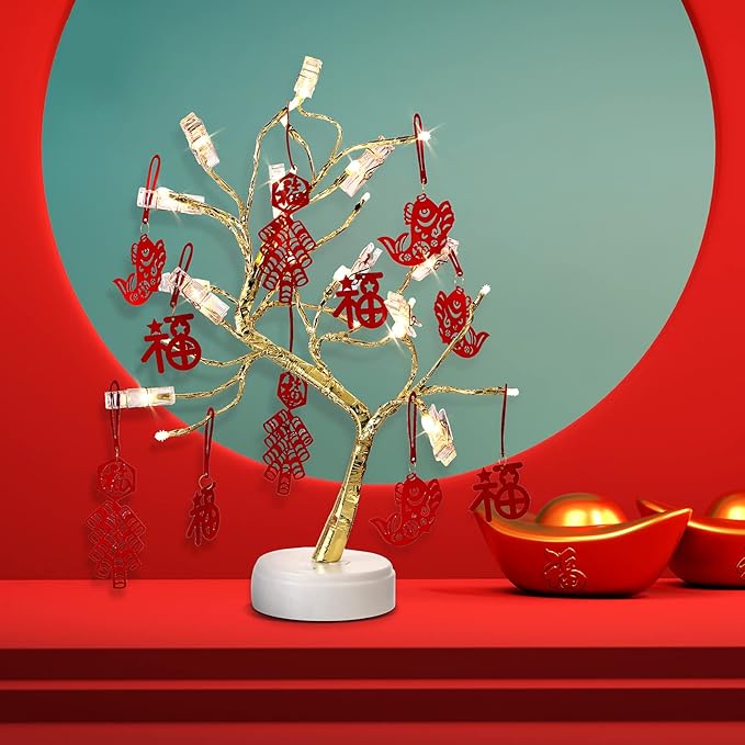 Mudder Money Holder Tree Present Card Holder with 12 Clear Clips LED Birch Twig Lights Tabletop Display Tree for Christmas, Valentines, Memo, Photo, Wedding(Cute Style,Gold, Warm White)