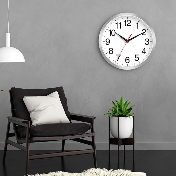 Wall Clock Modern 10 Inch Battery Operated Silent Non Ticking Analog Clock Decorative for Bedroom Kitchen Bathroom Office Home Living Room (Silver)