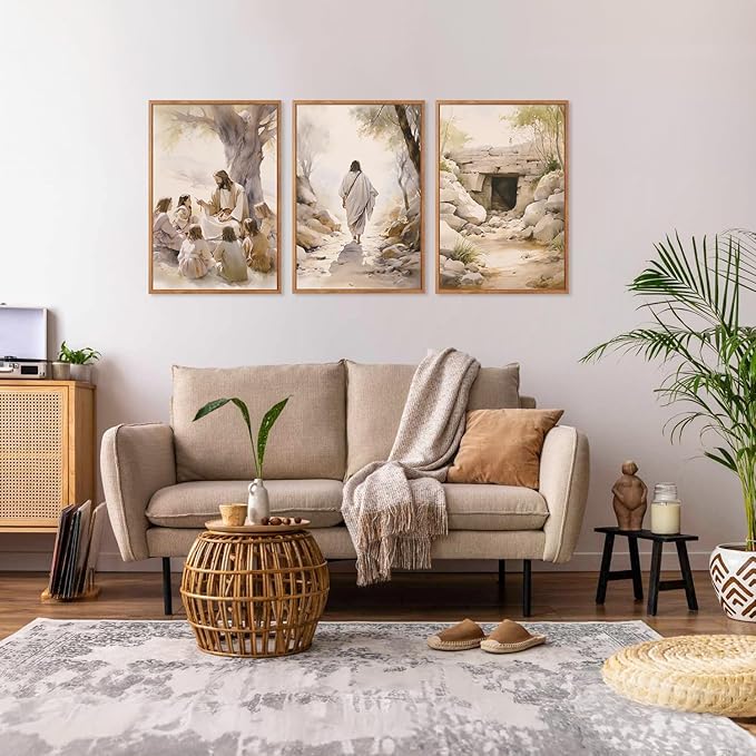 Aurlan Jesus Teaching Children Jesus on Path Framed Empty Tomb Bible Stories Wall Art(16"x24"), 3PCS Boho Christian Easter Scripture Gifts Canvas Artwork, Large Spiritual Religious Faith Decor Prints for Office Home