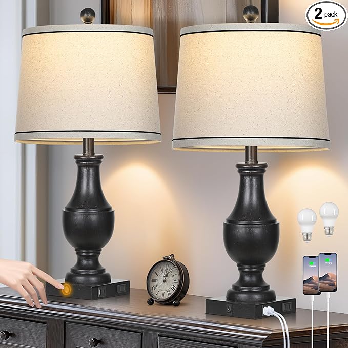 Table Lamps for Living Room Set of 2, Farmhouse Vintage Table Lamp with USB A+C Charging Ports & AC Outlet, 25" Black Rustic Traditional Lamps for Bedroom Nightstand Desk(2 LED Bulbs Included)