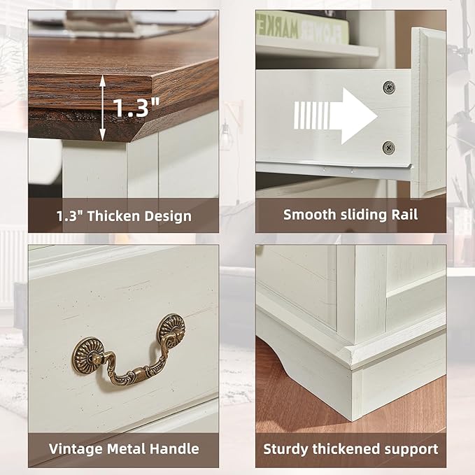 Farmhouse Nightstands with Charging Station，18" End Table with 2 Drawers，Farmhouse Nightstand with Vintage Handles, Bedside Cabinet for Bedroom for Bedroom, Living Room,White