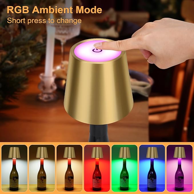 DUSKTEC Wireless Bottle Lamp Shade, RGB LED Wine Bottle Lamp with Stopper, 3 Color Stepless Dimming Rechargeable Touch Wine Bottle Lights for Any Liquor Bottle Bars Restaurants (Gold, 2PCS)