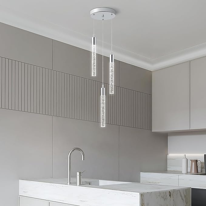 Modern Light Fixture Kitchen Island Pendant Light Dimmable LED Chrome Pendant Lights Mini Crystal Pendant Lighting for Bedroom Dining Room Living Room（3-Light ）