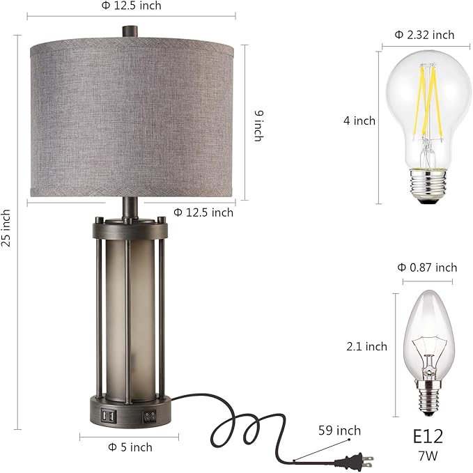 Set of 2 Rustic Table Lamps for Living Room with 2 USB Ports, Vintage Bedside Lamps with Gray Frosted Glass Night Light for Bedroom Desk Lamps for Entryway, 4 Bulbs Included