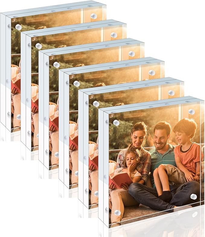 Egofine 5x5 Acrylic Frames 6 Pack,20mm Thicker Frameless Clear Picture Frames, Double Sided Magnetic Picture Frames, Free Standing Desktop Display