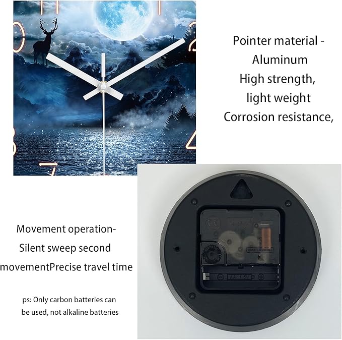 XFM Extra Large Blue Wall Clock 24 Inch Round Silent Non-Ticking Battery Operated Wall Clocks Glass Moon Forest Deer Decorative Clock for Kitchen Living Room Home Office