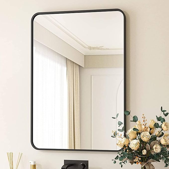 Black Bathroom Mirror 28X36 Inch, Black Metal Framed Mirror for Wall, Rounded Rectangle Matte Bathroom Vanity Mirror with Tempered Glass, Anti-Rust, Horizontal/Vertical