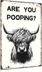 ALKB Funny Highland Cow Are You Pooping Metal Signs Vintage Farmhouse Bathroom Wall Decor Highland Cow Lovers Gift 8 x 12 Inch