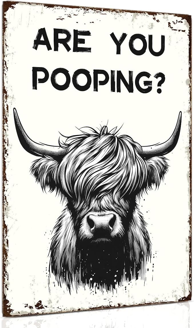 ALKB Funny Highland Cow Are You Pooping Metal Signs Vintage Farmhouse Bathroom Wall Decor Highland Cow Lovers Gift 8 x 12 Inch