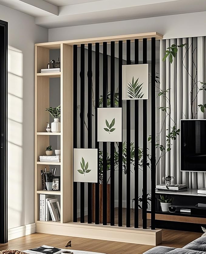 Wall Room Divider, Storage Cabinet Storage Display with Shelves, Modern Freestanding Wood Room Divider Screen, Wall Privacy Screens for Home Decorative (Beige+Black,55" L x 9.5" W x 79.5" H)