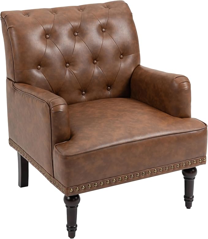 UIXE PU Leather Accent Chairs Set of 2, Modern Upholstered Armchair for Living Room, Comfy Arm Chair Single Sofa Reading Seat with Wooden Legs for Office Home Bedroom - Brown