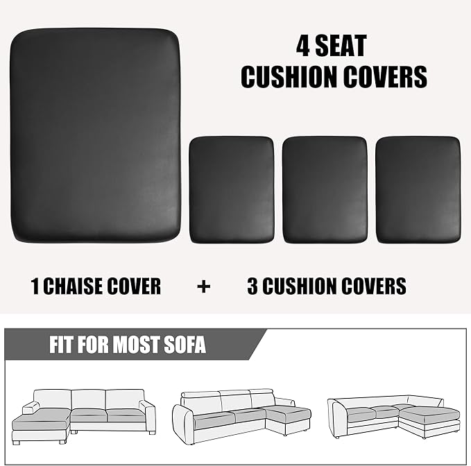 Yates Home Sectional Covers 4 Piece for L Shape Couch - PU Leather Separate Cushion Slip Cover for Left/Right Sectional (3 Seater + 1 Chaise, Black)