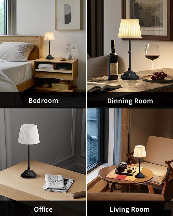 KDG Cordless LED Table Lamp, Portables Fabric Shade Desk Lamps, 4000mAh Rechargeable Battery Powered Lighting, Dimmable Light for Dining Room, Bedroom, Bedside, Night Light, Balcony (Black)