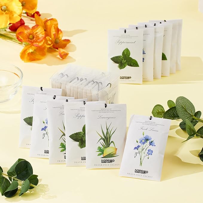 MYARO 12 Pcs Scented Sachets for Drawer and Closet, Long-Lasting Closet Deodorizer Freshener, Potpourri Bags Fresh Scents Sachet Packets Smell Goods for House - Fresh Linen, Peppermint and Lemongrass