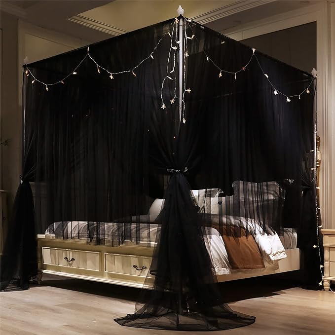 VETHIN 4 Corners Post Princess Bed Canopy Curtain Double Layer Cozy Drape Netting 4 Opening Mosquito Net for Girls & Adults Bedroom Decoration Accessories (Double Black, 64" W*82" L*82"*H/(Queen))