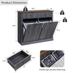 Modern Double Tilt-Out Trash Cabinet, 20 Gallon Fluted Laundry Hamper Cabinet with 2 Drawers, Wooden Hidden Garbage Can Cabinet with Storage Basket, Free Standing for Kitchen & Living Room, Grey