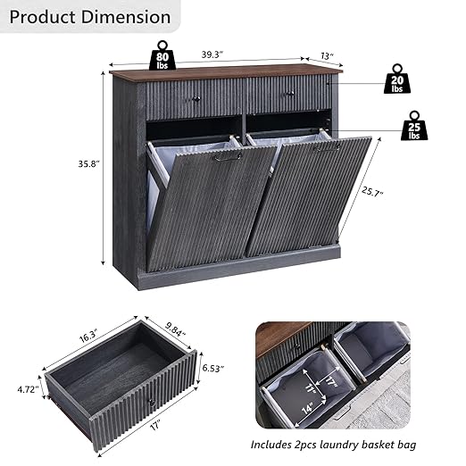 Modern Double Tilt-Out Trash Cabinet, 20 Gallon Fluted Laundry Hamper Cabinet with 2 Drawers, Wooden Hidden Garbage Can Cabinet with Storage Basket, Free Standing for Kitchen & Living Room, Grey