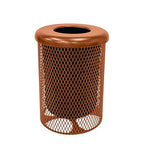32-Gallon Heavy-Duty Expanded Metal Round Trash Receptacle, Commercial Outdoor Waste Bin with Liner & Black Flat Top Lid – Made in America (Textured Copper)