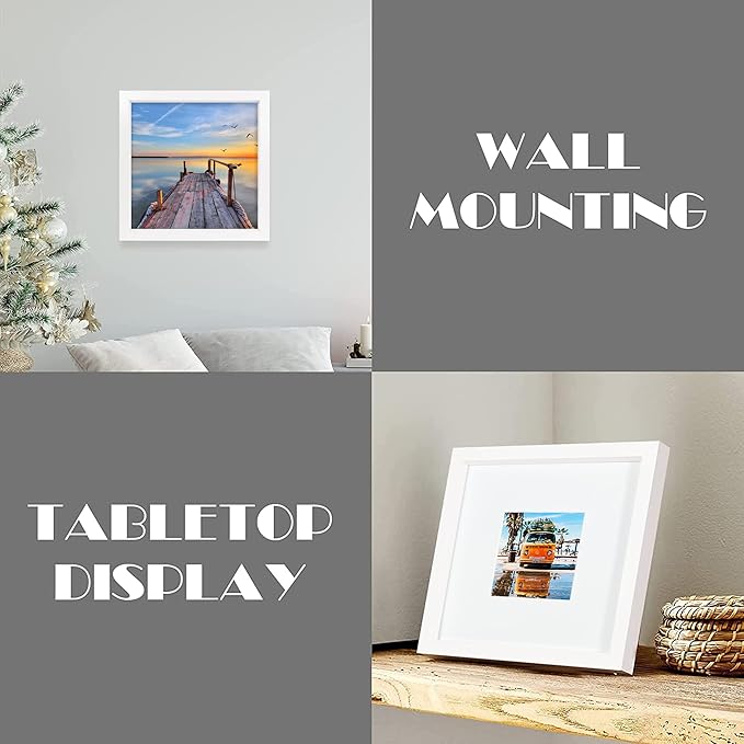 12x12 White Picture Frame set of 3, Made of Real Glass and Wooden Square Photo frame - Displays Picture 8x8 With Mat or 12 x 12 Without Mat, Desktop & Wall Collage Photo Frame