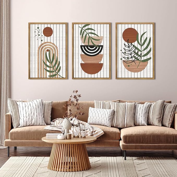 Large Boho Mid Century Wood Wall Art Set Modern Bohemian Wooden Wall Decor Minimalist Leaf Art Decor Abstract Geometric Wall Sculptures for Living Room Bedroom Office-16x24Inchx3