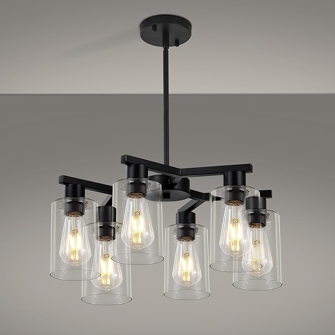 6-Light Black Modern Farmhouse Chandelier for Dining Room Ceiling Light Fixture with Clear Glass Shades, Adjustable Hanging Industrial Pendant Lighting for Living Room Kitchen Island Bedroom Entryway