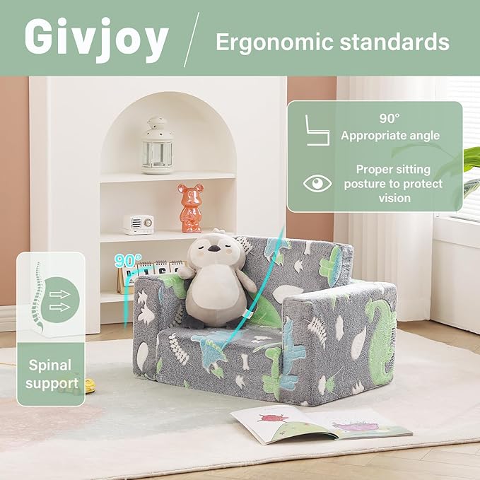 Toddler Chair Kids Couch, 2-in-1 Toddler Soft Sherpa Couch Fold Out Armchair with Removable Cover, Convertible Reading Chair Toddler Sofa for Kids, Glow in The Dark Plush Grey Dinosaur