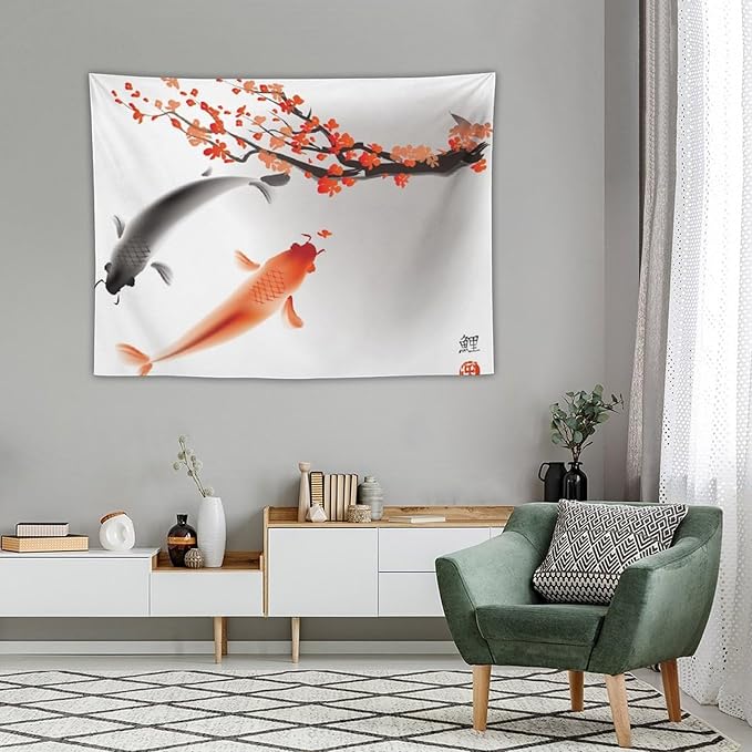 Japanese Koi Fish Tapestry, Cherry Blossoms Asian Oriental Flower Branch Koi Fish Carp Tapestries Wall Hanging for Bedroom Living Room Office Decor 40"x30"