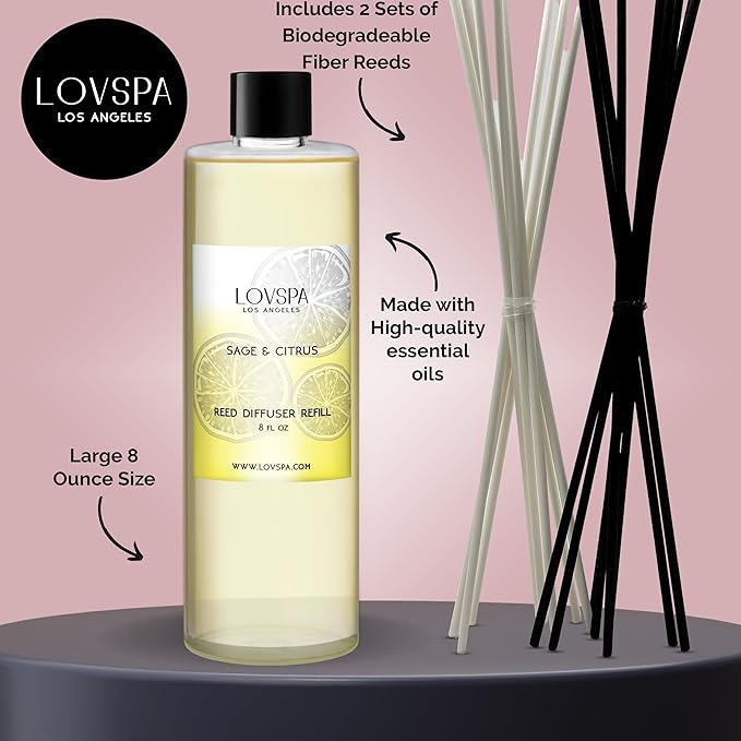 LOVSPA Sage & Citrus Diffuser Oil - Essential Oils for Diffuser Refill & Air Freshener Room Spray - Long-Lasting & Natural Home Fragrance, Scented Oil for Diffusers, USA Made, 8 oz