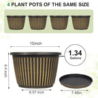 Planter-Pots-for-Plants-Indoor-Outdoor, 4 Pack 10 Inch Plastic Flower Pots with Saucer & Drainage Holes, Modern Garden Planters for Planting Medium Large Plants，Decorative Resin Garden Pots