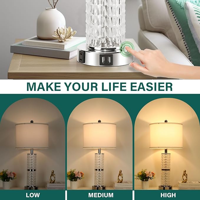 3-Way Touch Control Crystal Table Lamps Set of 2, Silver Modern Bedside Lamp with 2 USB Ports & AC Outlets for Living Room, 26' Tall Desk Lamps with White Drum Shade for Bedroom, 2 Free Bulbs Included