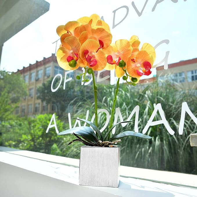 Artificial Potted Orchid Faux Phalaenopsis Silk Flowers Bonsai Realistic Arrangement in Silver Vase for Home Decoration Table Centerpiece, Orange