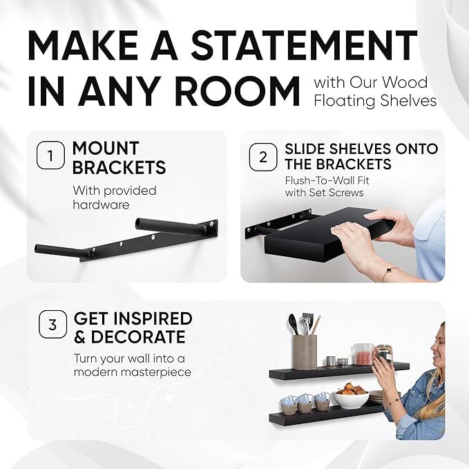 Homeforia Black Floating Shelves 36 inches Long, High End Solid Real Wood 36 inch Floating Shelf for Wall Mounted, Black Wooden 36in Floating Shelves, Heavy Duty Bracket, 36 X 6.5 X 1.75 in, Set of 3