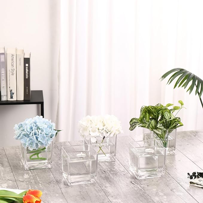 Square Glass Vases Set of 4, 4"x 4"x 4" Flower Vases for Centerpieces, Clear Glass Vase for Flowers, Small Vase for Wedding, Party, Home Office Decoration