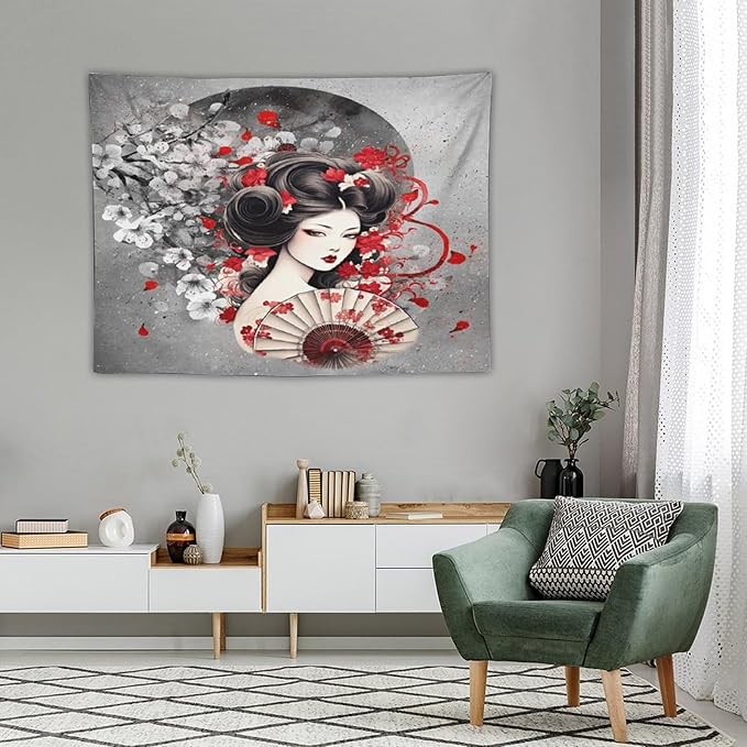 Japanese Geisha Tapestry Asian Red Cherry Blossom Red Sun Traditional Kimono Folk Tapestries Home Decor for Living Room Bedroom Apartment Farmhouse Dorm 40"x30"