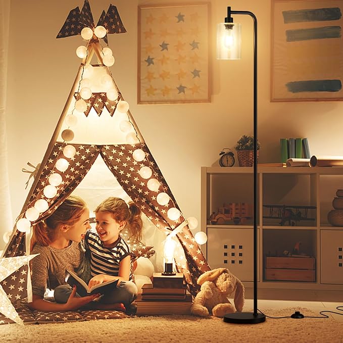 Floor Lamps for Living Room - Standing Lamp with Seeded Glass Shade, Modern Floor Lamp with LED Bulbs, Industrial Floor Lamp for Bedroom, Black Tall Lamp for Office(Light Bulb Included)