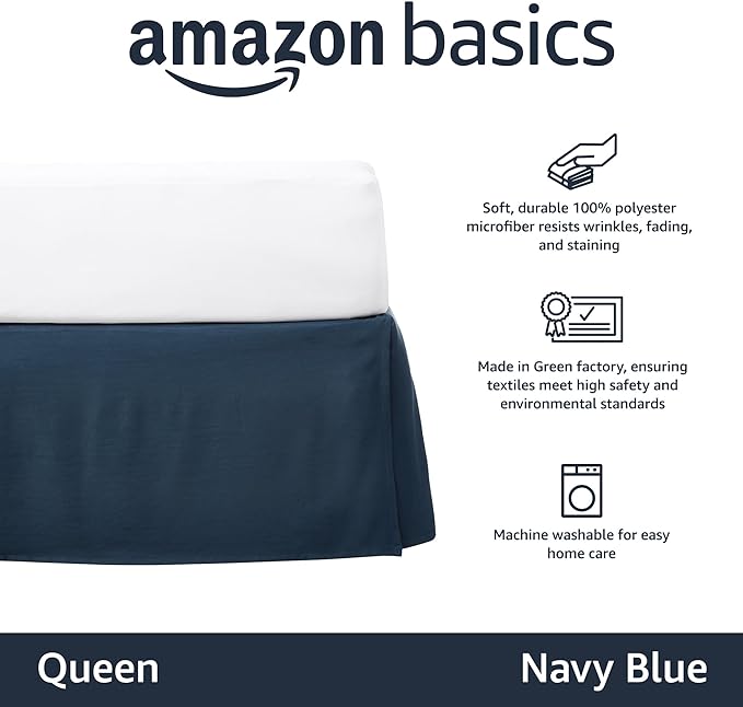 Amazon Basics Lightweight Pleated Bed Skirt, Queen, Navy Blue, Solid