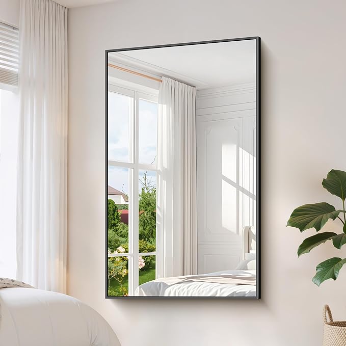 YIROMAN Bathroom Mirror 60"x30", Large Matte Black Bathroom Mirror for Over Sink with Aluminum Frame, Rectangular Vanity Mirror with Right Angle, Wall Mirror Hangs Horizontal or Vertical, Shatterproof