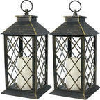 Bright Zeal 2-Pack 13.5" Vintage Candle Lantern with LED Candle (Distressed Gold, 6hr Timer) - IP44 Waterproof Outdoor Hanging Lanterns Battery Powered - Tabletop Lantern Decorative Home Lanterns