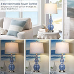 27.5" Coastal Blue Glass Double Gourd Table Lamp Set of 2,3-Way Dimmable Touch Control Bedside Lamps with USB Ports and AC Outlet, Nautical Nightstand Lamps for Bedroom Living Room