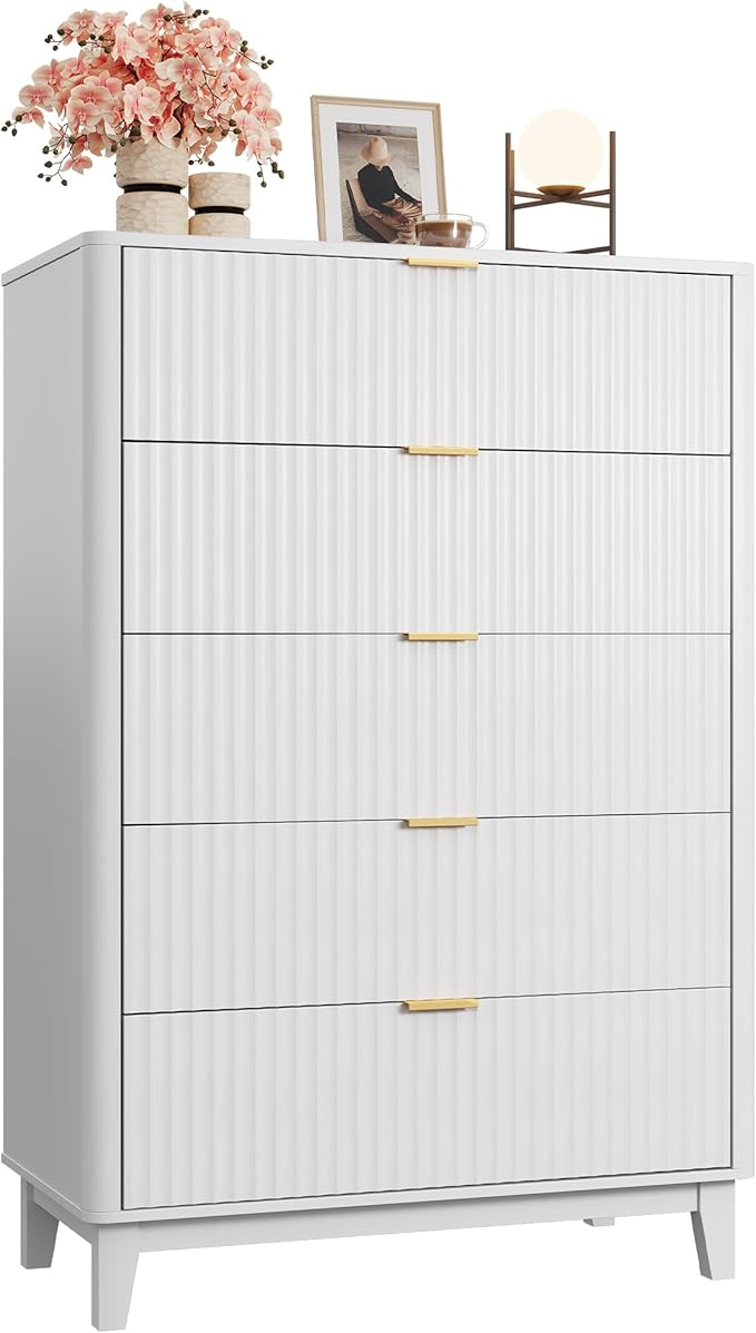 WLIVE Fluted Dresser for Bedroom with 5 Drawers, 46.26" Tall Wood Dresser with Golden Metal Handles, Mid Century Modern Chest of Drawers for Living Room, Hallway, Closet, Solid White