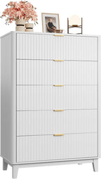 WLIVE Fluted Dresser for Bedroom with 5 Drawers, 46.26" Tall Wood Dresser with Golden Metal Handles, Mid Century Modern Chest of Drawers for Living Room, Hallway, Closet, Solid White