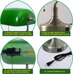 Banker Desk Lamp Green Glass, Antique Desk Lamps with Brass Base, Traditional Library Table Lamp with USB A and Type C Charging Port for Office, Study Room, Pull Chain Switch