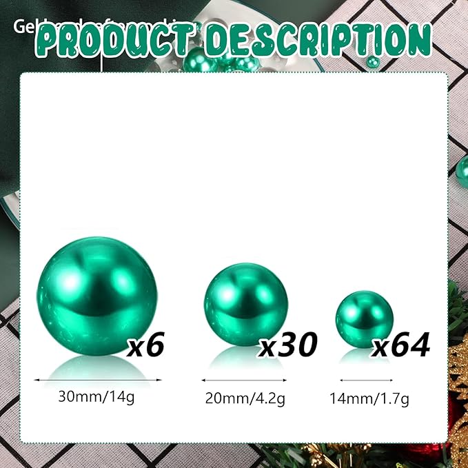 100PCS Green Faux Pearls Beads for Centerpiece Vases, Vase Filler Faux Pearls, No Holes Filler Beads for Party Anniversary Birthday Wedding Table Decor, 14/20/30mm
