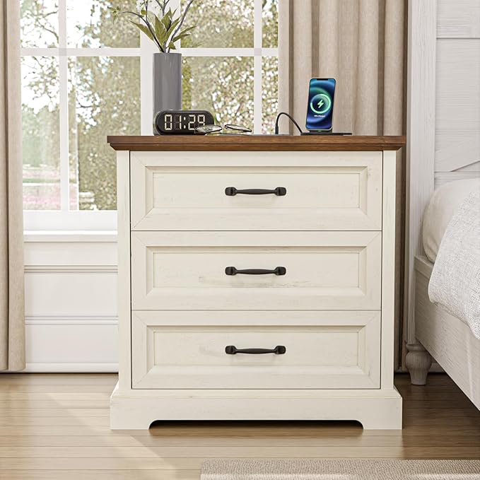 HOMMPA 24'' Farmhouse Nightstand with Charging Station, Bedside Tables with Storage, Side Table with USB Port, 3 Drawers End Table Dresser, Wood Night Stand for Bedroom, Living Room, Rustic White