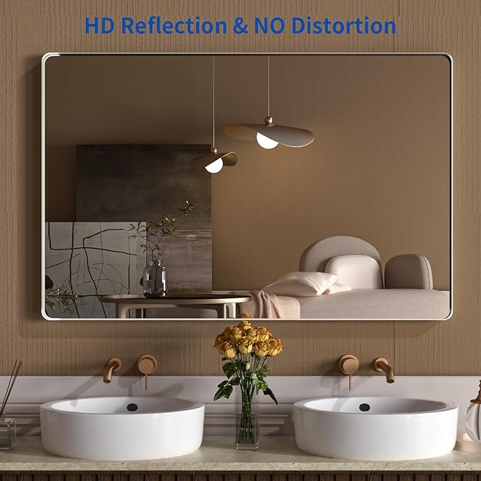 WEER 55X30 Inch Brushed Nickel Bathroom Mirror, Brushed Silver Metal Frame Mirror, Rounded Rectangle Silver Bathroom Vanity Mirror, Tempered Glass, Anti-Rust, Hangs Horizontally or Vertically