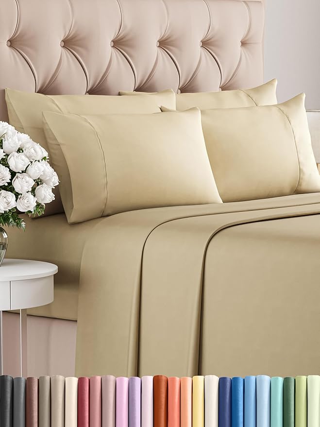 King Sheets Set 6 Piece - Includes 4 Pillowcases - Bed Sheets King Size - Soft Hotel Luxury Bedding - Cooling, Comfy, Fade Free & Breathable - 1 Flat & 1 Fitted & 4 Pillowcases w/ Deep Pockets - Beige